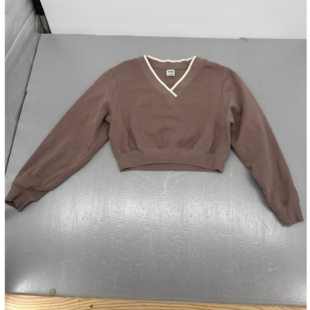 PINK Victoria's Secret Brown Cropped V-Neck Fleece Sweatshirt Small Relaxed Fit